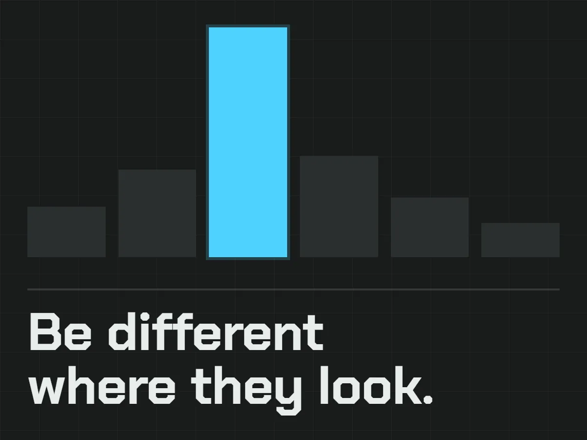 Bar chart with one column standing well above the rest, captioned Be different where they look