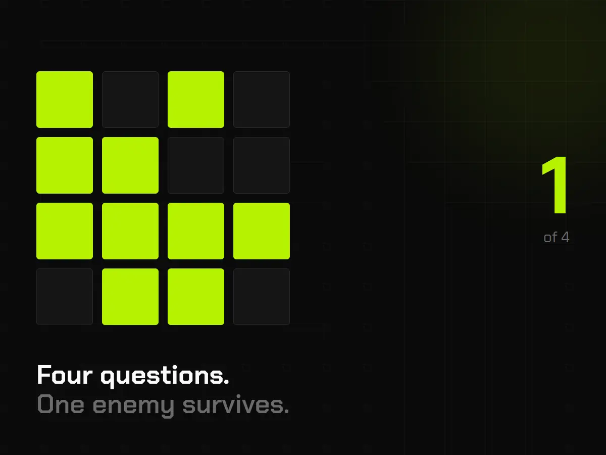 Four candidate enemies scored against four questions; only one passes all four