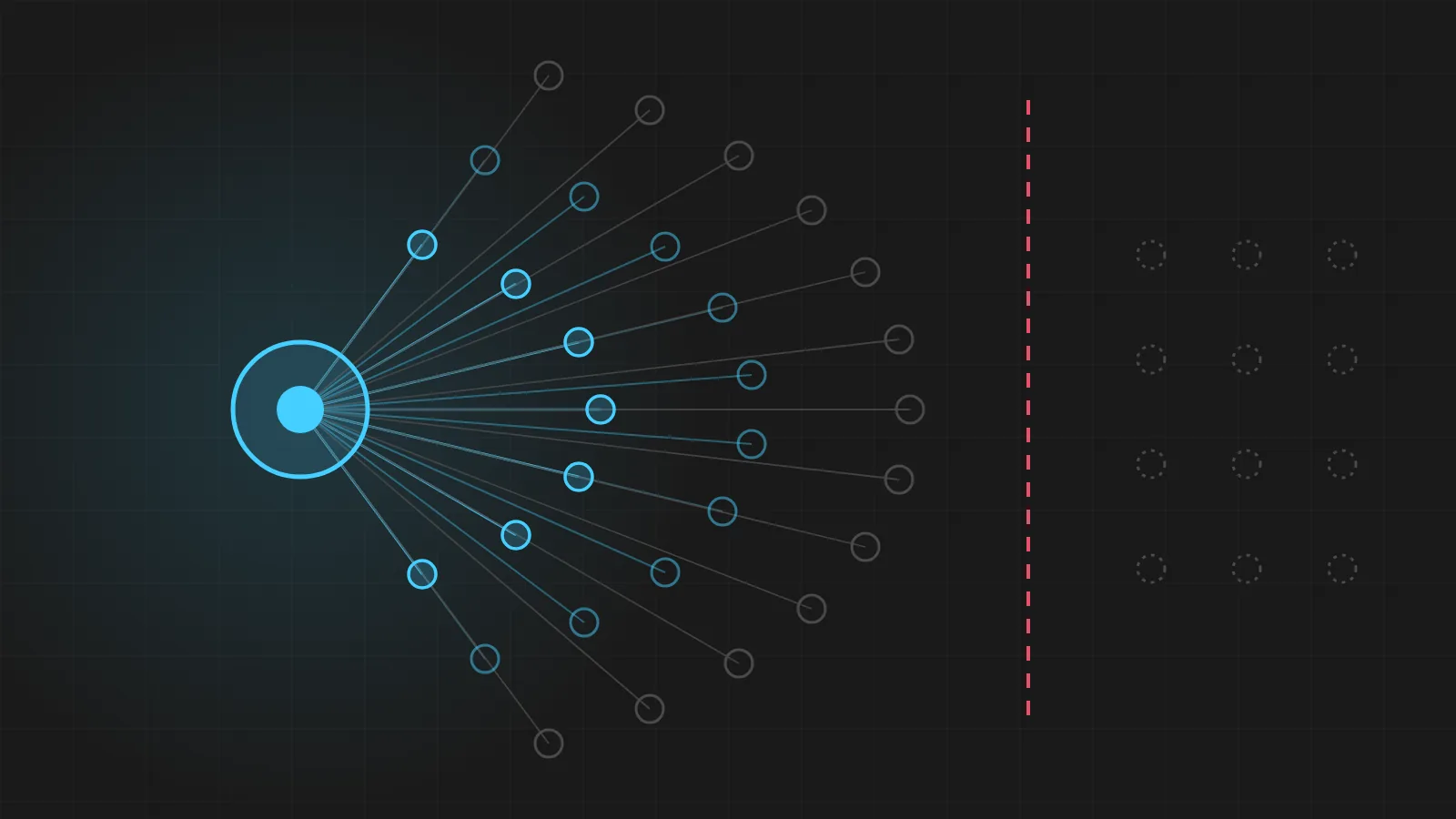 Illustration of one hub connected to every customer, the links fading as they multiply until a wall stops them